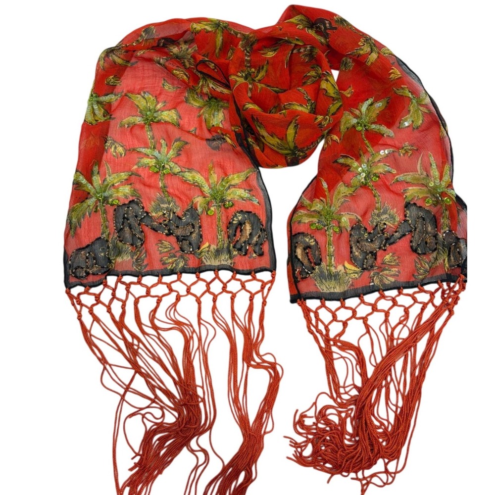Collection XIIX LTD Red Tropical Scarf Gorilla‎ Palm Tree Beaded Fringe Sheer
